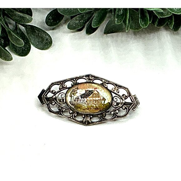 Antique Filigree Silver Tone Brooch With Hand-Painted Oval Glass Insert Depictin - Picture 3 of 6